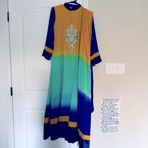 Vintage Indian Bollywood Mustard Yellow Turquoise Navy Blue Satin Chiffon Dress